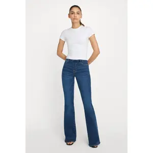 Jeanius by Good American High Rise Pull On Flared Sculpting Jeans | Indigo491 High-Rise Tummy Control