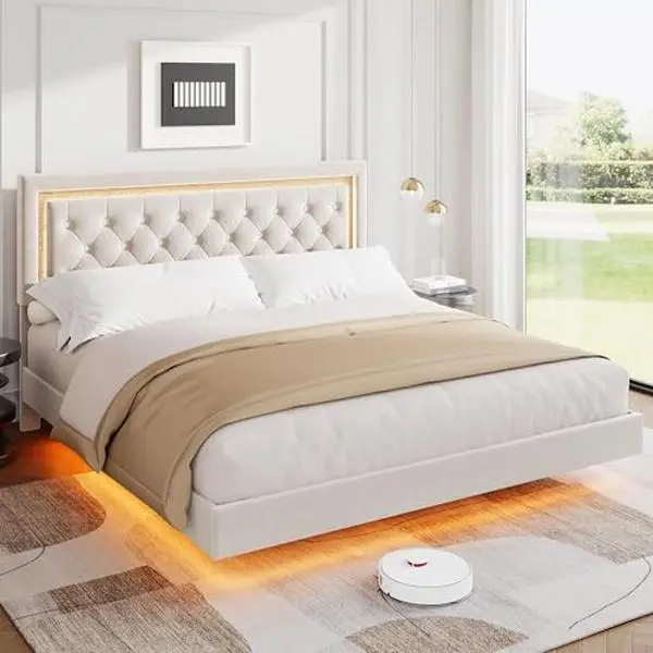 GAOMON Floating King Platform Bed Frame with Smart LED Lights, Modern Upholstered Diamond Headboard, Noise-Free Wood Slats, Under-Bed Storage, Easy Assembly, White, Modern Wooden Beds