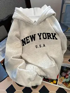 New York Usa Letter Print Hooded Fleece Knit Sweatshirt, Casual Holiday Style, Loose Fit, Thick Fabric, Fall & Winter New Arrival