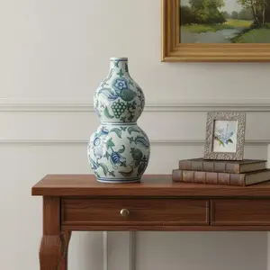 360 Stand 13in Curved Stand Traditional Hand-Finished Porcelain Gourd Table Vase, White Blue Green, Cherry Flower Decorative Centerpiece, Home Decor Gift for Home Supplies, Decorative Flower Vase