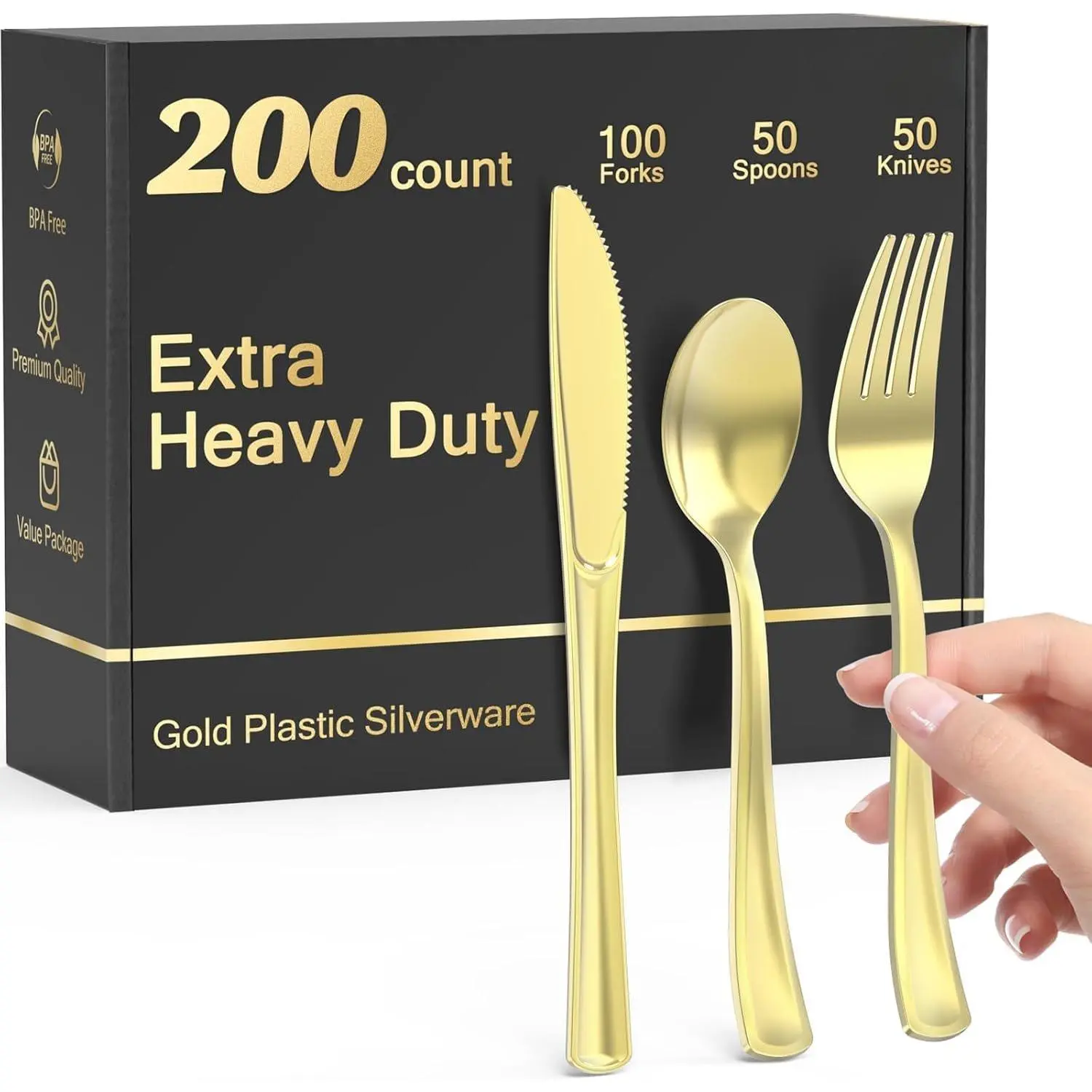 200 Count Heavy Duty  Plastic Silverware, 100 Forks, 50 Spoons, 50 , , Heat Resistant, Disposable Plastic Utensils Set Cutlery Set, Plasticware Bulk