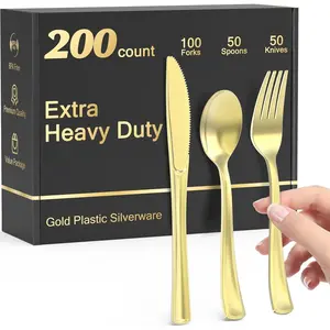 200 Count Heavy Duty  Plastic Silverware, 100 Forks, 50 Spoons, 50 , , Heat Resistant, Disposable Plastic Utensils Set Cutlery Set, Plasticware Bulk