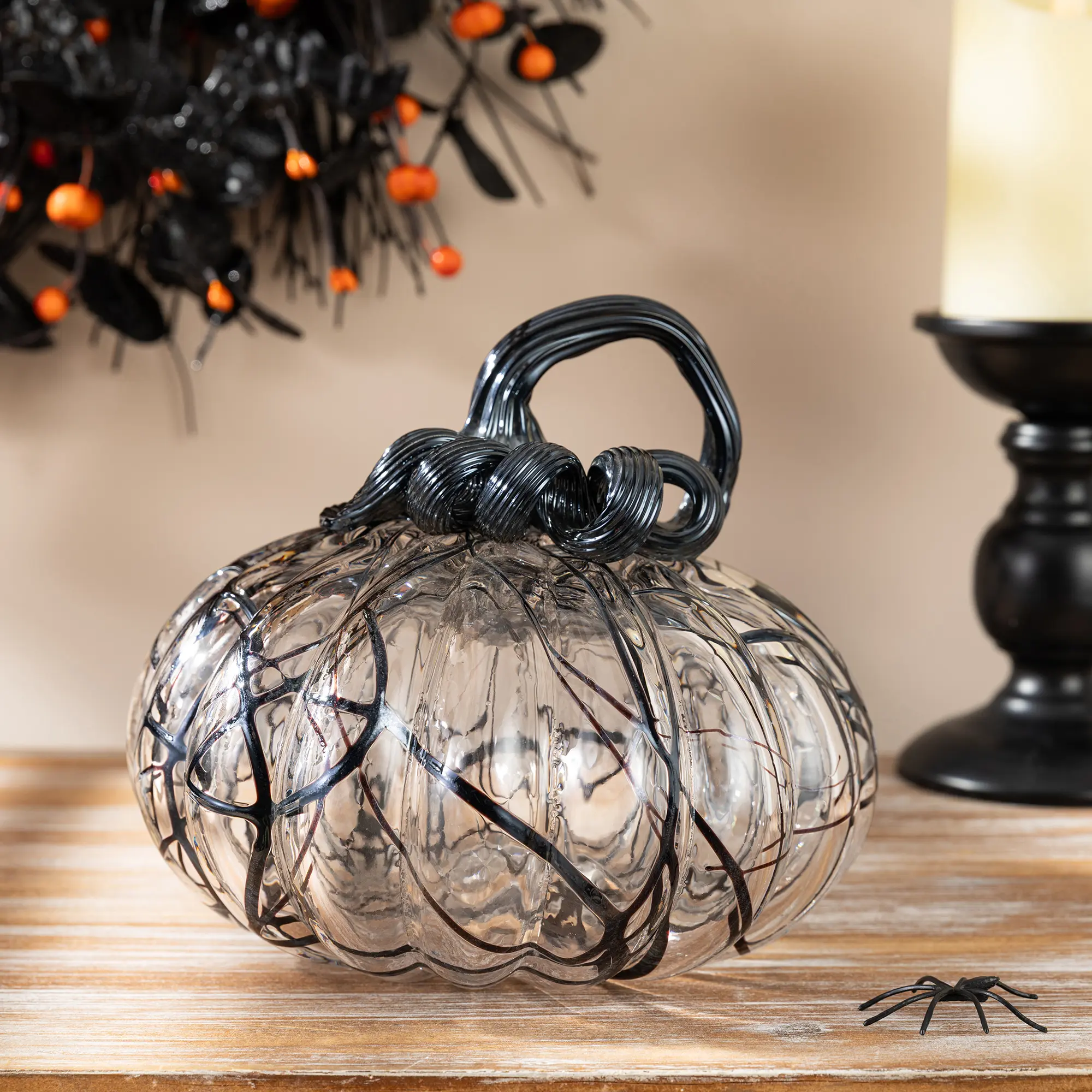 Glitzhome 7.5in Glossy Modern Black and White Abstract Glass Pumpkin, Halloween Decoration, Home Room Festive Ornament