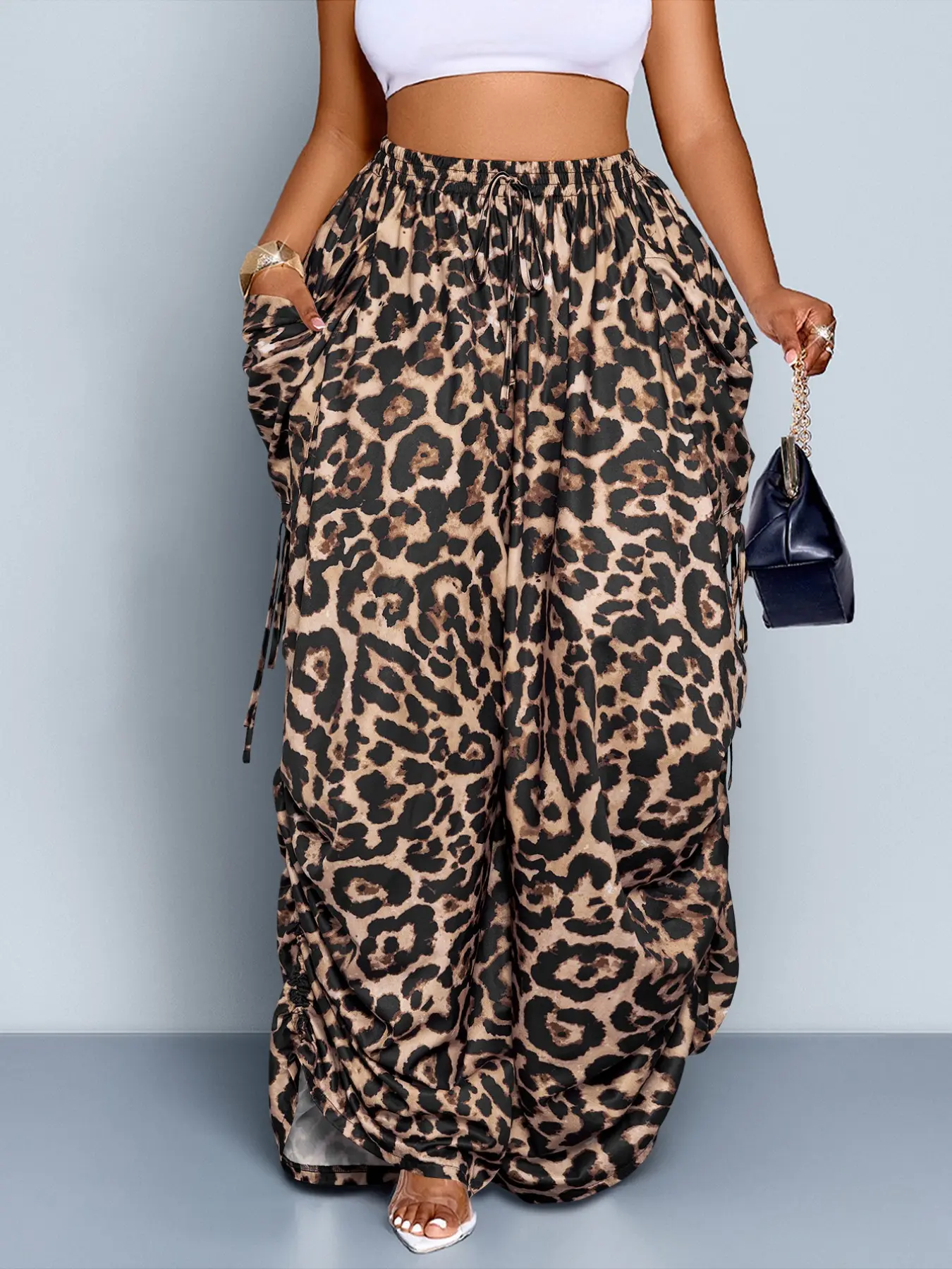 Women's Plus-Size Leopard Print Wide-Leg Pants, High-Waisted with Adjustable Elastic Waistband, Loose-Fitting Long Pants, Casual All-Season Fashion, Bottom