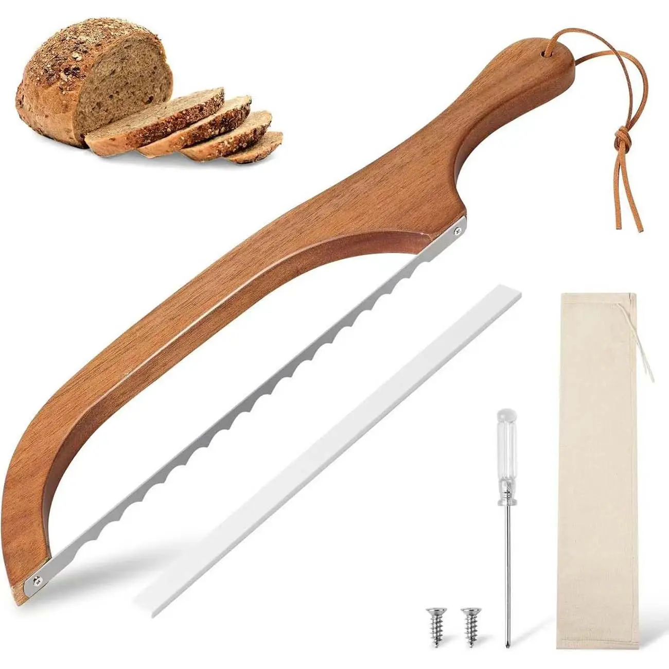 Handcrafted Wooden Bread Bow Cutter for Homemade Sourdough, Serrated Stainless Steel Sourdough Slicer Knife, Ergonomic Wood Bow Knife with Blade Guard Storage Bag for Bagels Cakes