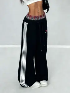 Women Plaid Waistband Striped Wide Leg Sweatpants, Loose Fit, Soft Breathable Fabric, Perfect for Streetwear, Daily Outings & Casual Sports