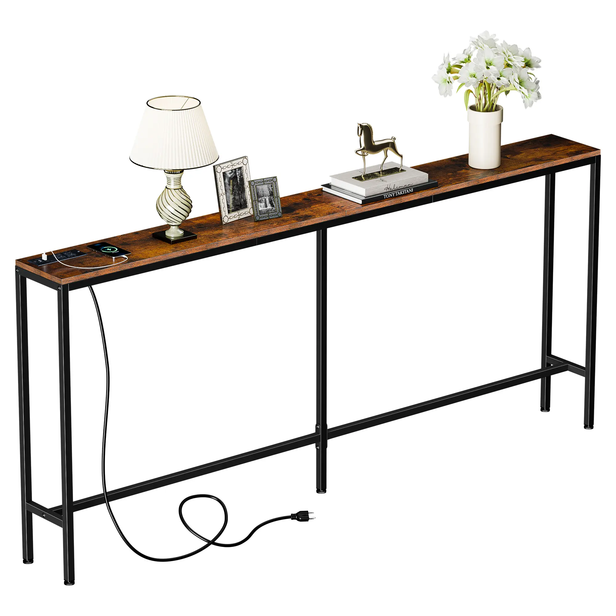 LEMY Narrow Sofa Table with Charging Station, 70" Long Console Table with Outlets for Entryway, Slim Accent Table Behind Couch (Brown)