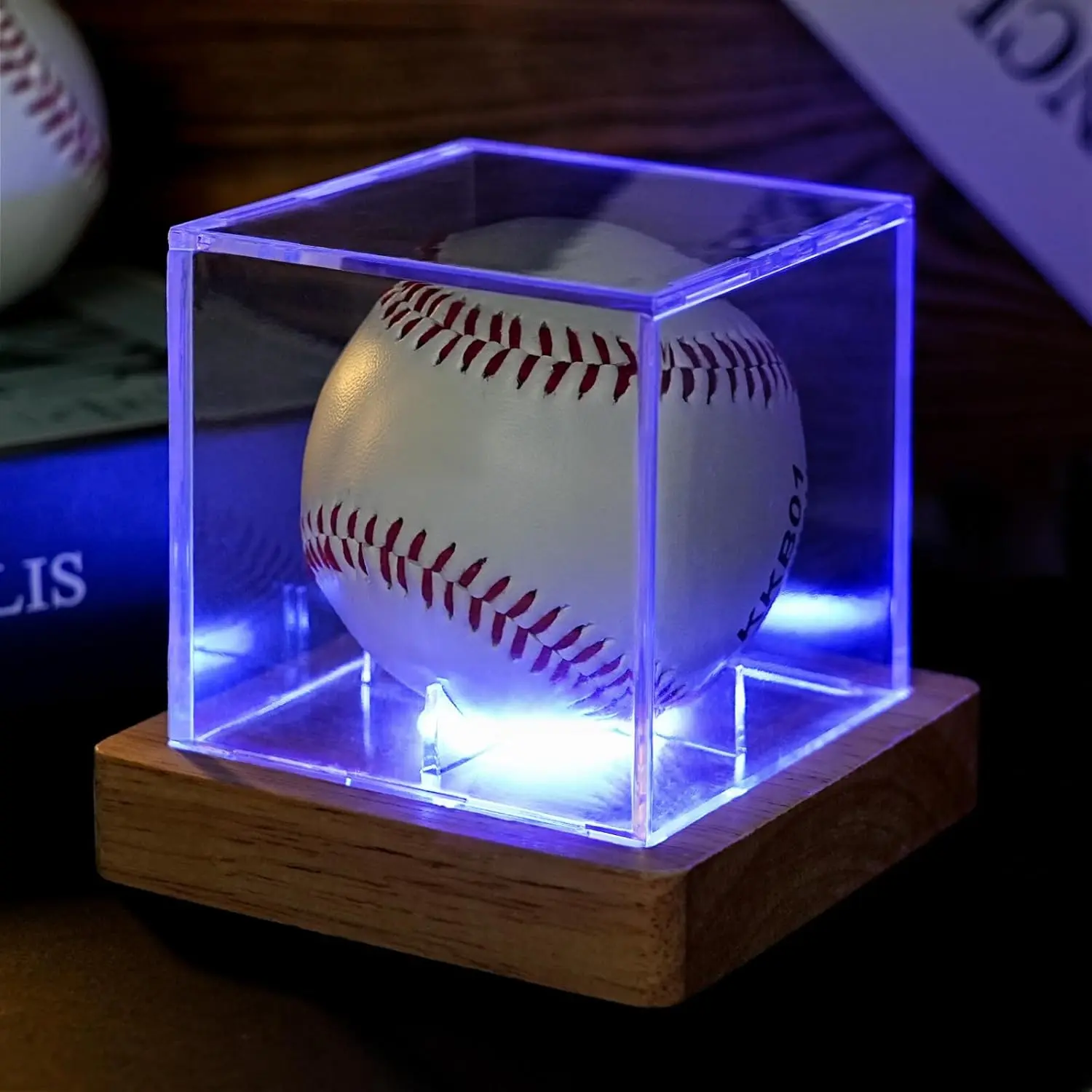 Baseball Display Case with LED Light, Wooden Base Baseball Case Display ...
