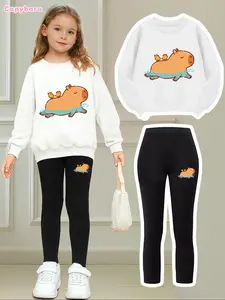 Girls' Capybara Print Design Two-Piece Set, Casual Loose-Fitting Sweatshirt and Tight Pants, Fall & Winter Fashion, Birthday Gift