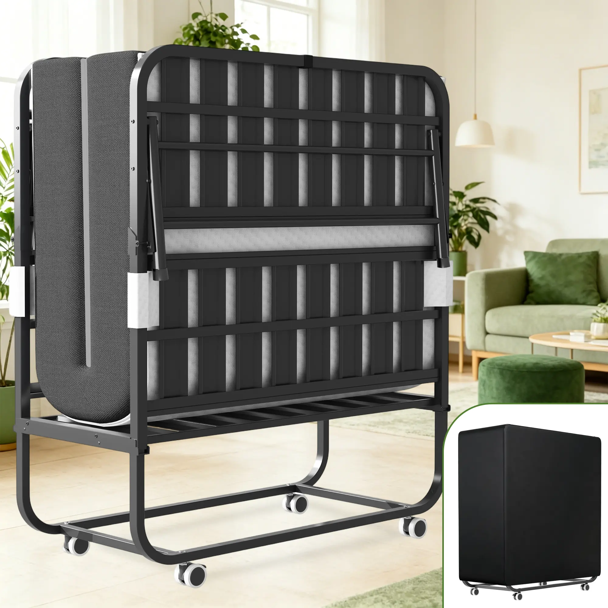 Foldable Roll Away Bed with Polyester Blend Mattress for Adults - Durable Metal Frame, Lockable Wheels, Side Pockets, Headboard - Compact, Folds for Storage - 3 Sizes (75"x31"/75"x38"/75"x46") - Ideal for Guest Rooms, Small Apartments