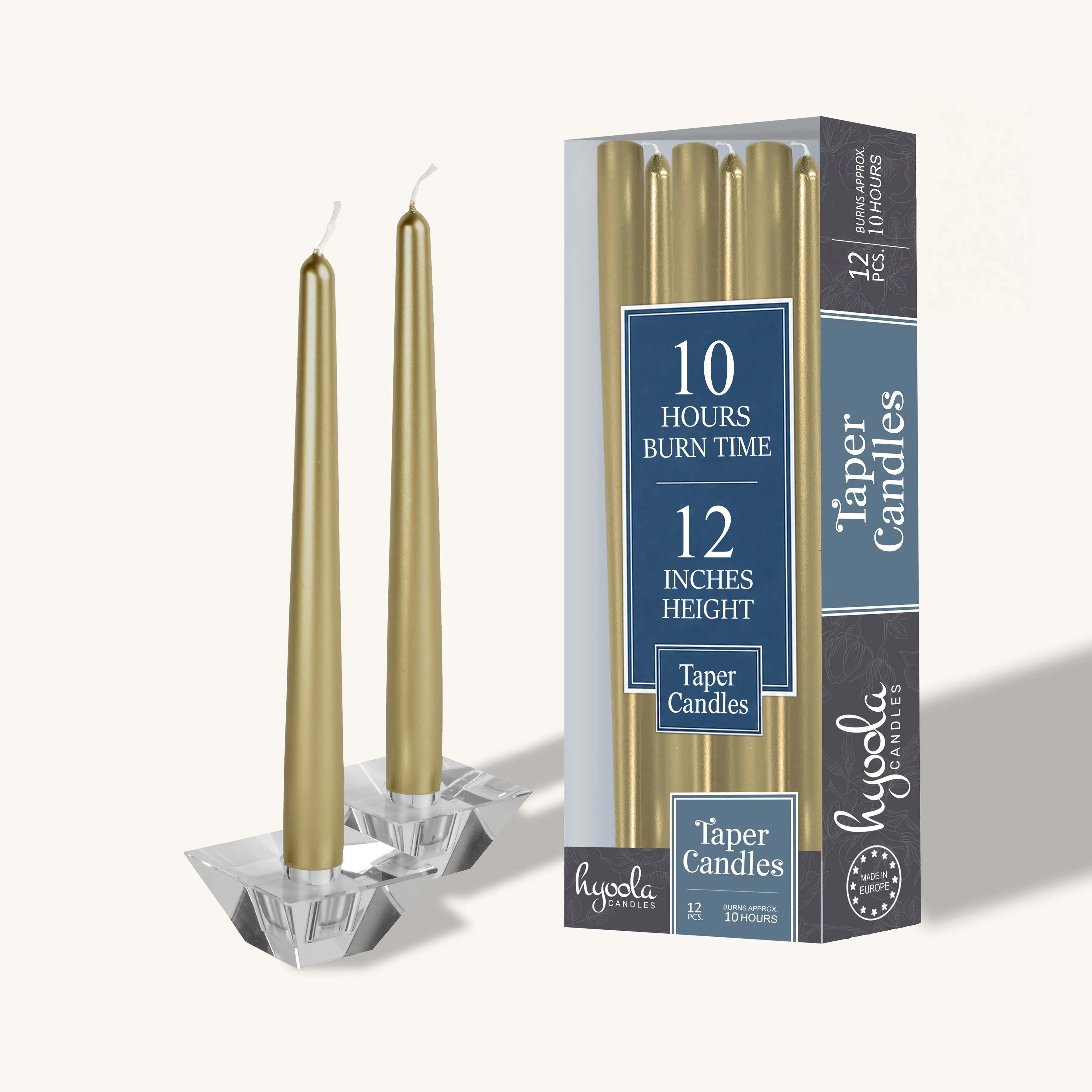 Metallic Cream Gold Taper Candles – 12-Inch, 12-Pack, Unscented & Dripless