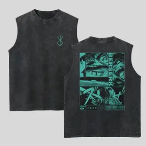 2-sided Vintage Berserk Washed Tank Top, Gym Essential, Vintage Casual Crewneck Sleeveless Menswear T-shirts Classic Cotton Fabric Streetwear