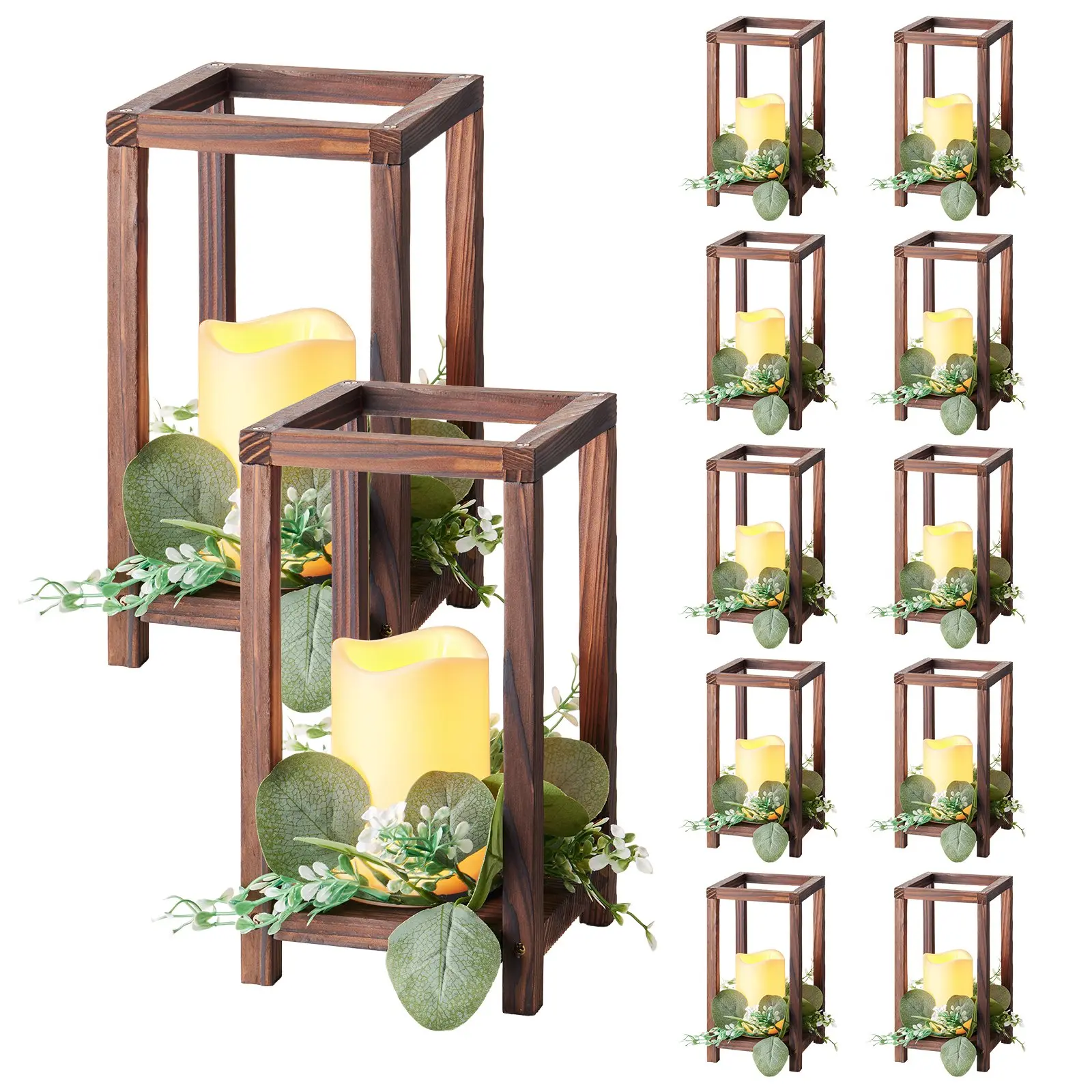 VEVOR 12 Set/36 Pcs Wooden Wedding Lantern Centerpiece, Includes 12 Wooden Lantern Candle Holder 12 Flameless LED Candle 12 Eucalyptus Leaves Wreath for Wedding Table Party Farmhouse Decor, Brown Decoration Items Room Accessories