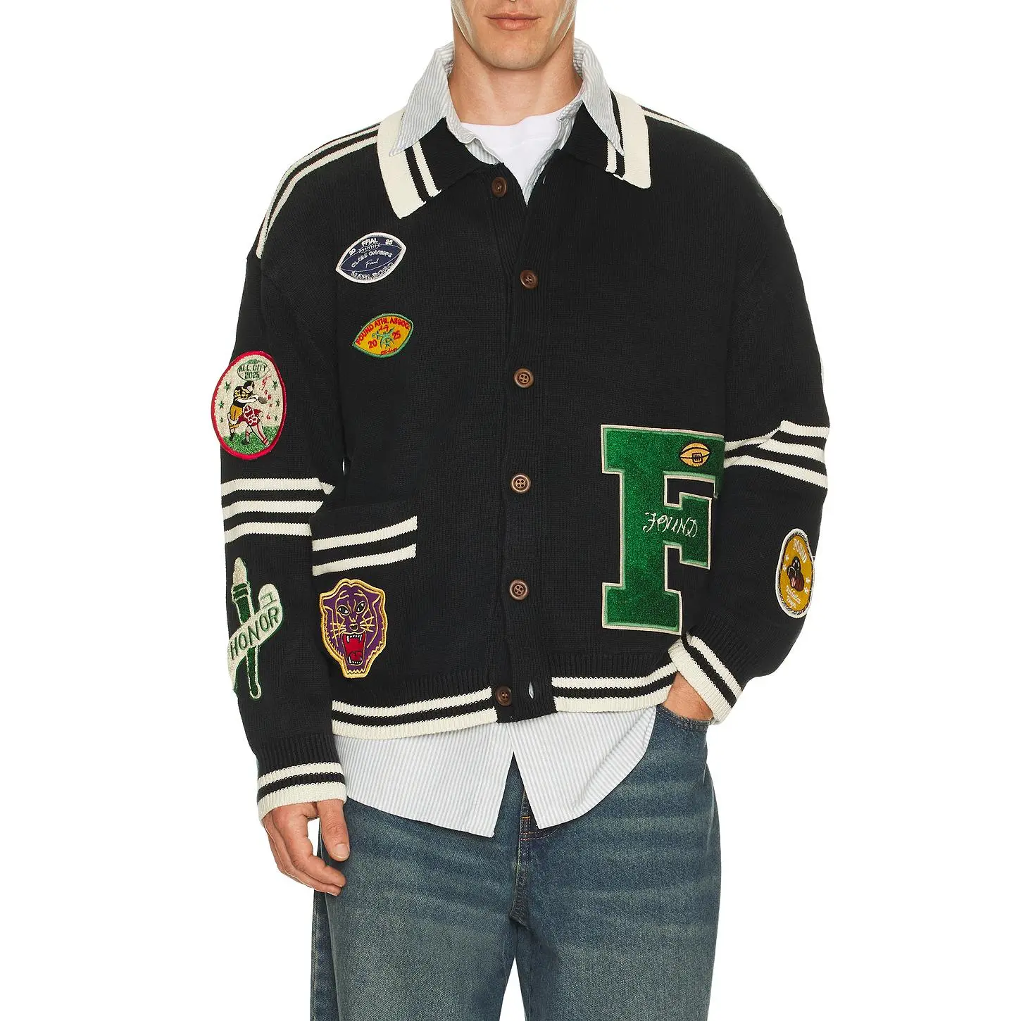 Found Varsity Patch Collared Cardigan in Vintage Black