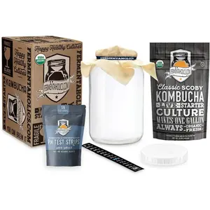 Kombucha Essentials Kit - Includes USDA Organic Kombucha SCOBY + 1-Gallon Glass Fermenting Jar with Breathable Cover + pH Strips + Rubber Band + Adhesive Thermometer - Brew kombucha at Home