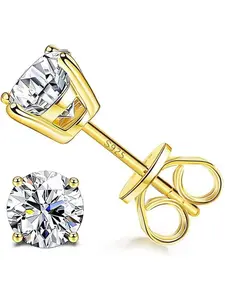 Sterling Silver Cubic Zirconia Stud Earrings for Women Men 14k White Gold Plated Round CZ Earrings for Sensitive Ear, Artificial Zircon Earrings (Gold, 6.5MM(2CT))