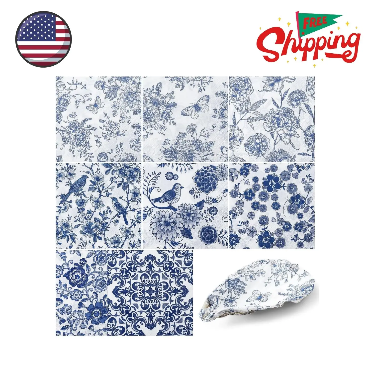 16 Pcs 8 Styles Decoupage Napkins, Blue and White Floral