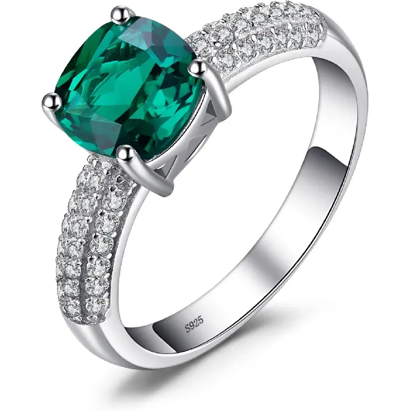 JewelryPalace Emerald Solitaire Ring for Women, 925 Sterling Silver Cushion Cut 1.8ct Simulated Promise Engagement Wedding Jewelry, 14K White Yellow Rose Plated Green Gemstone, Hypoallergenic