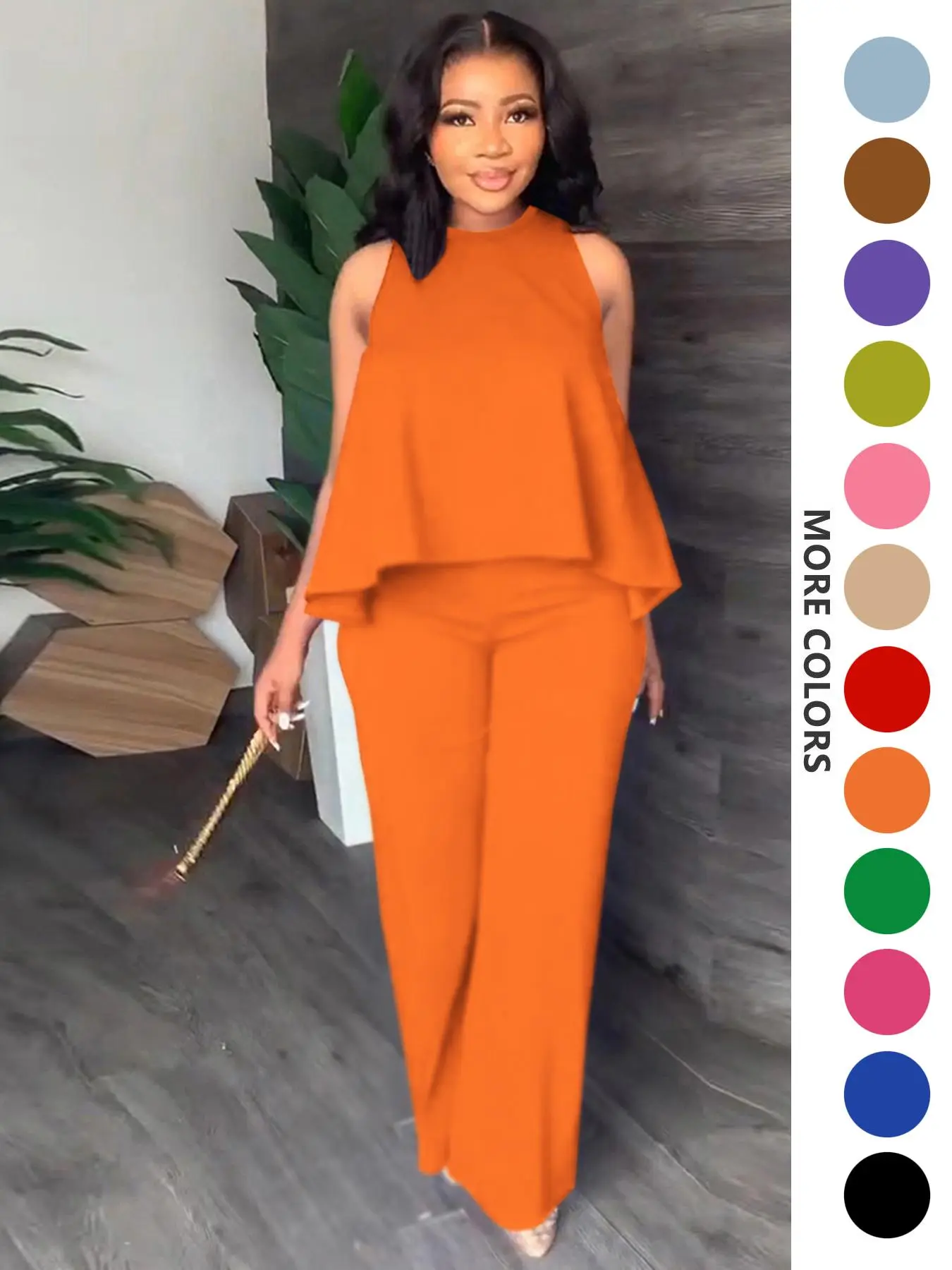 Two-Piece Set Women's Solid Bright Orange Sleeveless Knitted Tank Top & Elastic Waist Pants Set, Casual Fashion Cozy Fit Top & Trousers for Daily Outdoor Wear, Ladies Summer Clothes