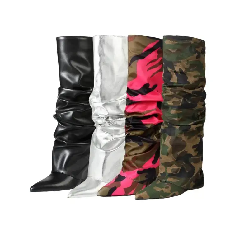 Women's Fashionable Black Pleated Knee-High Boots - Pointed Toe, Slip-On Wedge Heels, Comfortable Outdoor Footwear, Versatile Shoe