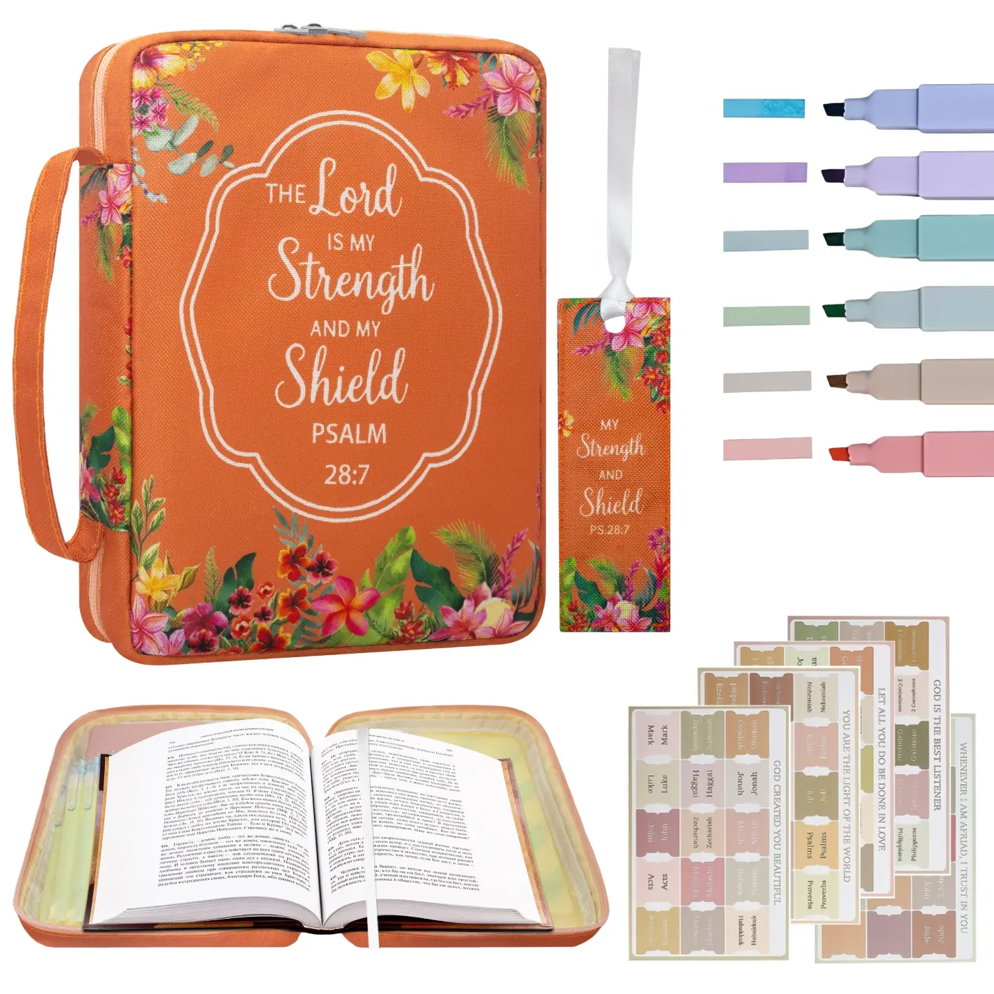 Bible Cover for Women【w/6 Highlighters & Tabs】Orange Floral Scripture Case with Handle & Zipper, Large Capacity Church Book Organizer, Pen Holders, Christian Gift for Ladies, Tropical Floral Design