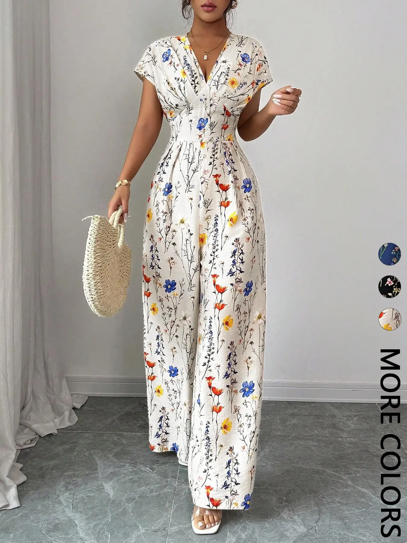 Elegant Floral Print Romper for Women, V-Neck Short Sleeve High Waist Wide Leg, Loose, Vacation Style Chic One-Piece, Comfortable and Stylish Womenswear, Floral Plant Jumpsuit