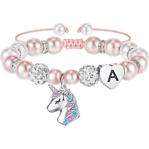 Gifts for Kids Girls - Unicorn Bracelets for Girls Kids, CZ Initial Unicorns Bracelet Adjustable Heart Initial Unicorn Bracelets Jewelry Birthday Gifts for Girl