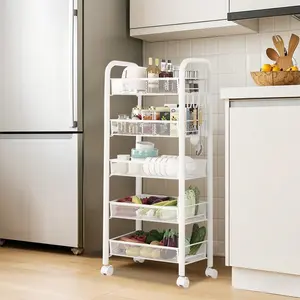 【Christmas Gift】5 Tier Metal Mesh Storage Trolley, Kitchen Trolley with Wheels, Vegetable Trolley, for Bedroom, Kitchen, Bathroom, Living Room, 44 x 26 x 102，White Organiser Racks