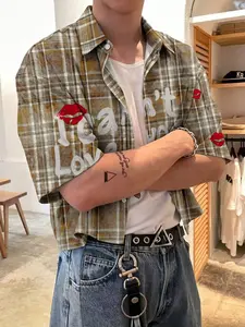 Versatile Plaid Button-Down Shirt - Casual Cool Outfit, Wrinkle Resistant for Hangout & Date Men's Retro Plaid Letter Lip Print Short Sleeve Shirt, Casual Loose-Fitting Top, Unlined Glossy Finish, Neutral American Style, Menswear