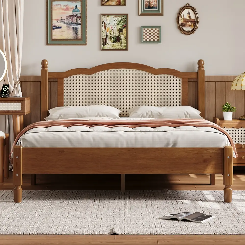 Vintage Minimalist Arc Queen Platform Bedframe - Walnut Finish, Natural Rattan Headboard, Wooden Slat Support, Woven Texture, 600lbs Weight Capacity, 80" X 62.8” X 42.9"" Dimensions, Assembly Required