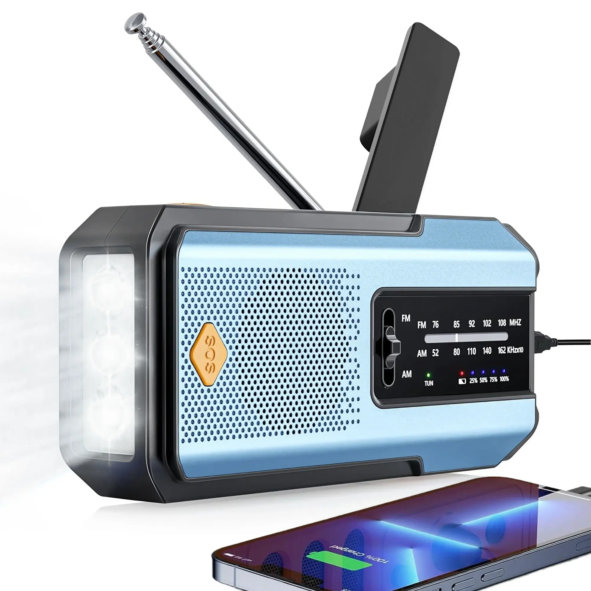 Portable 2000mAh Multi-Function Emergency Radio Flashlight, NOAA AM FM Full-Band Weather Warning Broadcast Alarm, Solar Hand-Crank Power Generation, USB-C Charging Support, High-Intensity LED Lighting SOS Flashlight