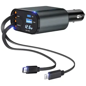4-in-1 Retractable Car Charger, 100W USB-C Fast Adapter with Lightning Cable & Dual Ports for iPhone, iPad, AirPods, Samsung, Google Pixel