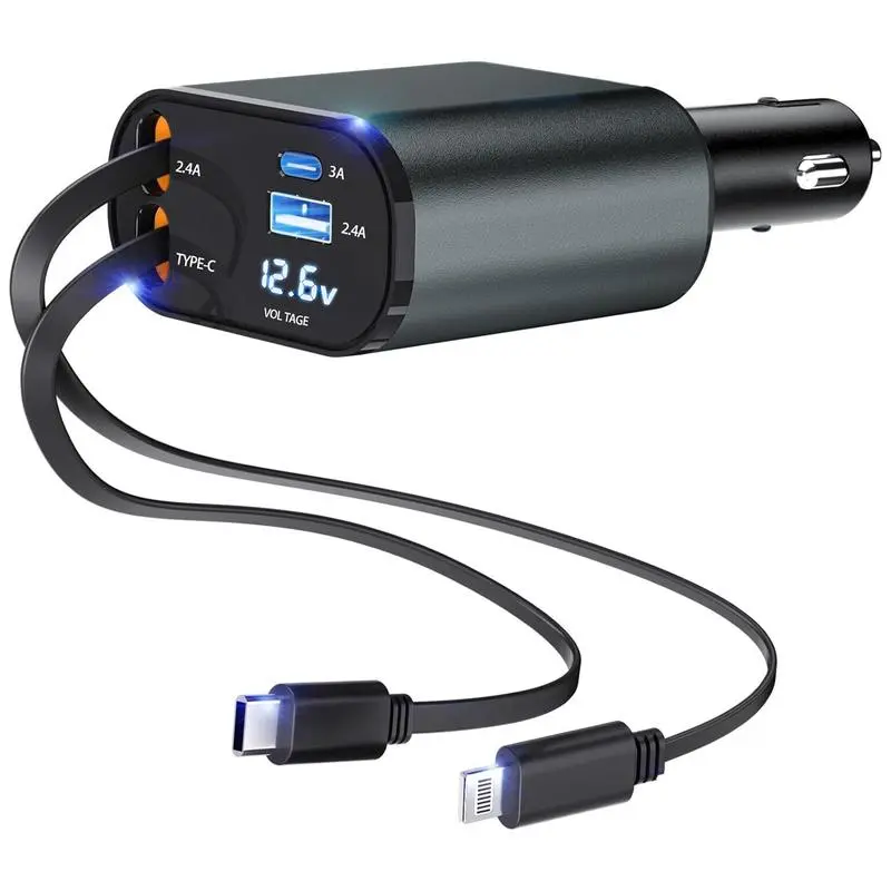 4-in-1 Retractable Car Charger, 100W USB-C Fast Adapter with Lightning Cable & Dual Ports for iPhone, iPad, AirPods, Samsung, Google Pixel