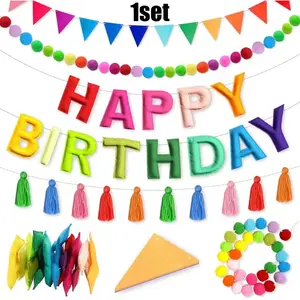 Happy Birthday Banner Set, Felt Garland, Ball Garland, Pennant Flag, Colorful Thread Tassel, Rainbow Party Decorations for All Ages