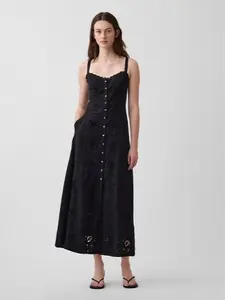 GAP Linen-Blend Embroidered Button-Front Cami Maxi Dress