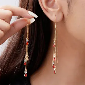 Unique and stylish diamond-encrusted water drop long tassel earrings DDES0759 design, elegant ladies' earrings 14K Gold-Plated
