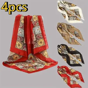 27 Inches Silk Feeling Square Head Scarf - 4 Pcs Satin Square Head Scarves for Women Hair Bandanas Headband