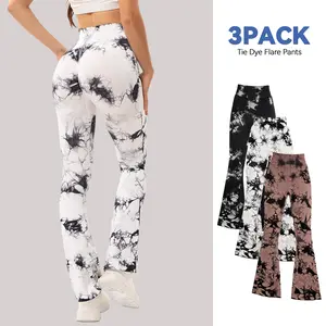 3 Pack Tie Dye Seamless Flare Yoga Pants - High Waisted Butt Lifting Bootcut Leggings, Stretch Non See Through Workout Pants for Women, Casual & Gym Wear