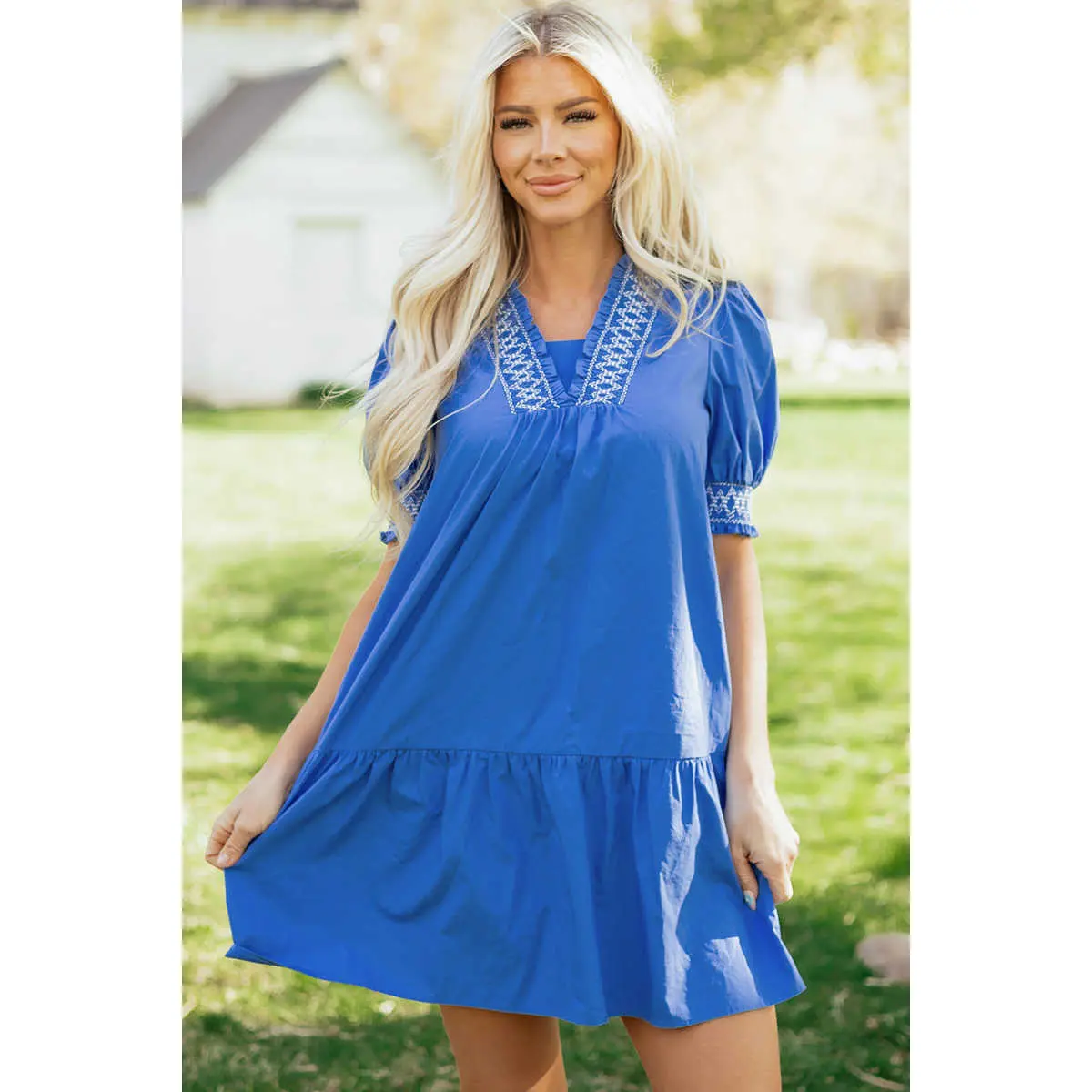 Women's Sky Blue Cotton Loose Puff Casual Short-Sleeve V-Neck Smocked Embroidered Mini Dress, Women's Dresses for Daily Wear, Shortsleeve, Womens Dresses