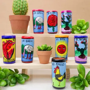Handcrafted Artisanal Lotería Hand-painted Clay Shot Glass for Tequila, Kitchenware Drinkware Accessory