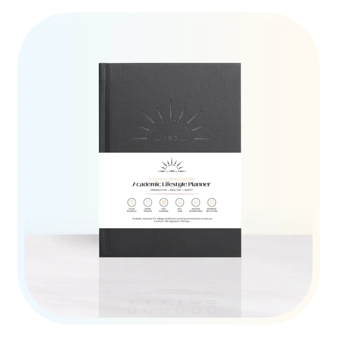 Journey 180 Undated Academic Self-Care Planner - Affirmations, Habit Tracker, Pomodoro Method-Blocks, Journaling (White)