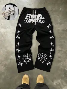 Men's Black Star Graphic Drawstring Wide Leg Sweatpants, Eternal Wrath Print Baggy Streetwear Pants #tiktokmademebuyit  Men's Graffiti Star Print Drawstring Baggy Sweatpants, High Waist Wide Leg Casual Pants, Streetwear for Daily Wear, Street