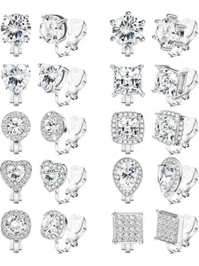10Pairs Cubic Zirconia Clip On Earrings for women Heart Shaped Earrings Square Heart Ear Clips Earring Crystal Non-Pierced Clip Earrings