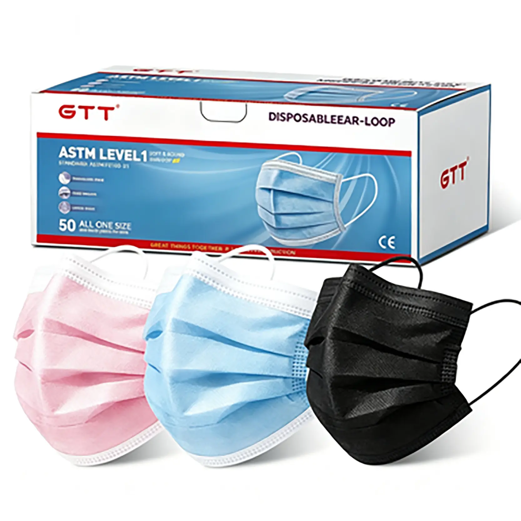 GTT Disposable Protective Ear Loop Face Masks, ASTM Level 1, 3-Ply Non-Woven Fabric with Middle Filter Layer, 50 Count per Box, High Breathable, for Adults (Home Supplies Dust Cover)