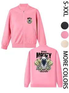 Women's American Street Style Hoodless Bomber Jacket with "Hustler" Print, Lightweight Zip-Up Jacket, American Street Style Print Design, Suitable for All Seasons, Casual & Street Style