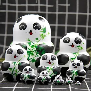 Adorable Panda and Bamboo Handmade Wooden Russian Nesting Doll Set, 10 Pieces Kids Toy Home Decor, Matryoshka Dolls Collection