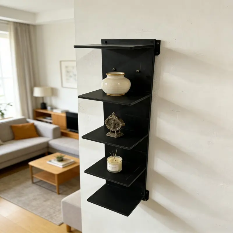Five-Tier Black Floating Wall Shelf - Ladder Design, Space-Saving Storage Unit, Wall Mounted Organizer, Easy to Install without Metal Tubes, 30.7 Inches High, Suitable for Home - Wall-Mounted Shelf for Organizing Books, Plants, Decor (DM148A)