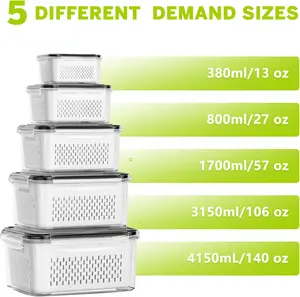 5 Pack Leakproof Fridge Storage Containers with Removable Colanders, Plastic Food Organizers for Berry Vegetable Salad Lettuce Meat