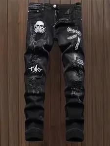 New Ripped Straight Leg Jeans for Men, Pants, Trendy Distressed Print Denim Jeans, Streetwear, Casual Fashion for All Seasons, Comfortable Fit