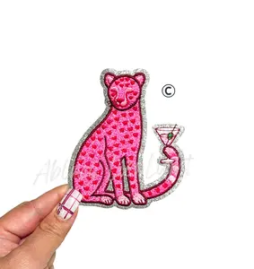 Pink Heart Martini Leopard Embroidery Valentines Day Patch -  Small